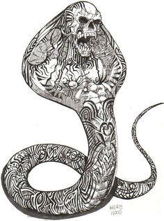 a black and white drawing of a snake with an intricate design on it's back