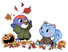 an image of two cartoon characters with pumpkins and autumn leaves in the foreground