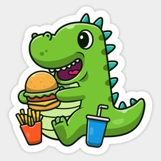 a cartoon dinosaur eating a hamburger and fries