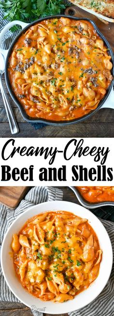 creamy cheesy beef and shells casserole in a white dish with parsley on the side