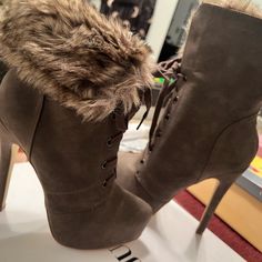 These Are Brand New Olive Green Fur Heeled Boots! Brown Winter Party Booties, Brown Party Booties For Winter, Winter Party Brown Booties, High Heel Boots With Faux Fur Lining For Winter, Winter High Heel Boots With Faux Fur Lining, Fur Heels, Green Fur, Fur Boots, Shoes Heels Boots