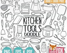 the kitchen tools doodle is shown in black and white, with an image of cooking ut