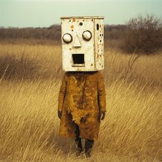 a person standing in a field with a box on their head and eyes drawn on it