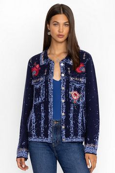 Crafted from 100% wool, the Denim Sweater Jacket adds a touch of whimsy to the traditional denim jacket silhouette. Featuring a collared button-front with slip pockets at the sides, this jacket is finished with intricate embroidered detailing and bold florals. Pair with a casual skirt and a fitted top for a fresh weekend style. Johnny Was Women's The Denim Sweater Jacket in Dark Blue, Size Large, Floral Upcycle Inspiration, Jacket Silhouette, Denim Sweater Jacket, Denim Sweater, Boho Chic Outfits, Fitted Top, Weekend Style, Embroidered Jeans, Casual Skirt