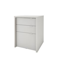 a white filing cabinet with two drawers on each side and one door open to reveal the bottom drawer