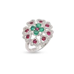 This is part of Chairish’s Fine Jewelry assortment.  Emerald and ruby flower cocktail ring in 14K gold which perfectly goes with your personality and also helps you to improve your energy and sensuality. Designed with round shaped emerald and ruby studded between diamonds that makes it a perfect fit to wear it on your wedding or style it with any of your basic outfit to give it a glam.  PRODUCT DETAILS :-  Material - 14K Solid White Gold Gemstone - Ruby , Emerald Gemstone Weight - 1.35 ct Stone Elegant Flower Shaped Emerald Ring For Gift, Elegant Ruby Flower Ring For Formal Occasions, Elegant Flower Ruby Ring For Formal Occasions, Elegant Ruby Rings With Flower Shape, Elegant Ruby Gemstone Flower Ring, Elegant Ruby Flower-shaped Rings, Elegant Ruby Flower Rings, Elegant Flower-shaped Ruby Ring, Elegant Multi-stone Diamond Flower Ring