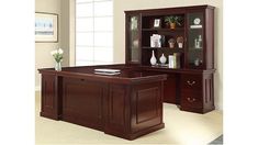 an executive desk with hutch and bookcase in a living room setting on carpeted flooring