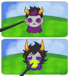 two pictures of a cartoon character holding a tennis ball with horns on their head and eyes