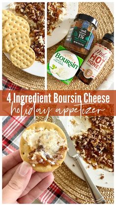 four different pictures with the words holiday appetizer on them and an image of cheese crackers