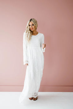 lds temple dresses mormon white long sleeve maxi dress lace Lds Temple Dress, Petite Models, Temple Dress, Eve Dresses, Lds Temples, Full Length Dress, Dress Measurements, Lace Maxi, Polyester Dress