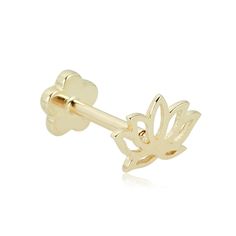 Crafted in 14K gold, this adorable lotus cartilage measures 5mm in length and 7mm in width. Includes a ball flower internally threaded backing in a matching color of 14K Gold.  The 18 gauge cartilage piercing/flat back earring has a length of 8mm and fits a thin helix or upper cartilage, the ear head or forward helix, and an average ear lobe.   This body jewelry comes with a 14K stamp guaranteeing its authenticity. 14K Gold is nickel-free and hypoallergenic making this body jewelry safe and comfortable for people with sensitive skin.  Jewelry Care:  Over the course of time, body oil and skin products can collect on jewelry and leave a residue which can cause the metal and brilliance of stones to dull. To keep your jewelry looking bright and new, take a soft headed toothbrush with some mild Piercing Flat, Gold Lotus Flower, Meaningful Gifts For Her, Helix Piercing Jewelry, Gold Lotus, Piercings Unique, Flat Back Earrings, Jewelry Safe, Cartilage Piercing