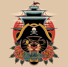 an image of a pirate ship with skull and roses on the front, as well as a cat's head