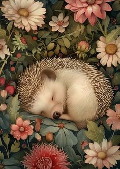 a painting of a hedge curled up in the middle of flowers and leaves with its eyes closed