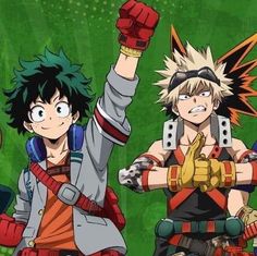 three anime characters standing next to each other with their arms in the air and one holding his fist up