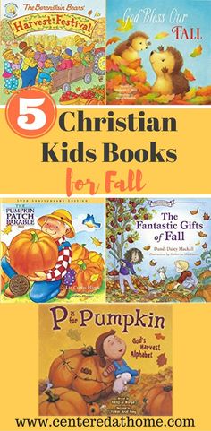 five children's books for fall with pumpkins in the background and text overlay