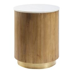 a gold and white side table with pleated wooden slats on the top, against a white background