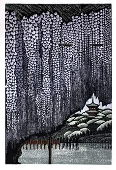 a drawing of trees with snow on the ground and mountains in the background at night