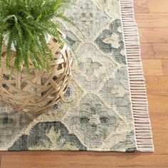 a potted plant sitting on top of a wooden floor next to a rug with fringes