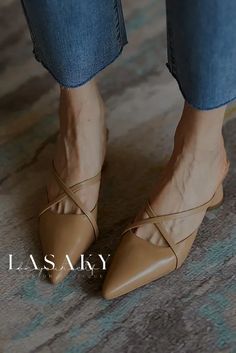 Lasaky - Classically Chic Leather Mule Sandals: Pointed Toes and Chunky Heels for Timeless Sophistication Cow Hide Shoes, Rough Heels, Shoes Heel, Chic Leather, Mule Sandals, Leather Mules, Color Lines, Chunky Heels, Mule