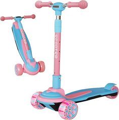 the scooter is pink and blue with wheels