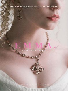 a woman wearing a necklace and earrings in front of a white background with the words emma on it