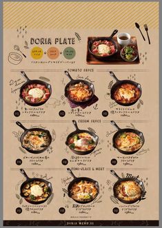 a poster with different types of food in it's cooking pans and spoons