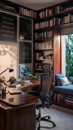 a home office with lots of books and plants