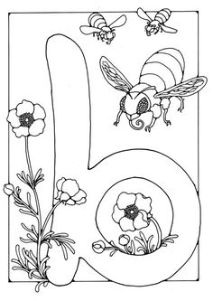 the letter b with bees and flowers on it is outlined in black and white coloring