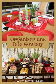 an image of a table with food on it and the words organar une fete cowboy