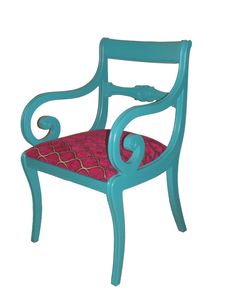 a blue chair with a red cushion on it's back and armrests