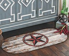 a door mat with a red star on it