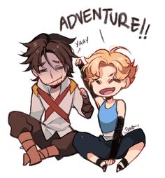 two people sitting next to each other with the words adventure written on them and one person holding