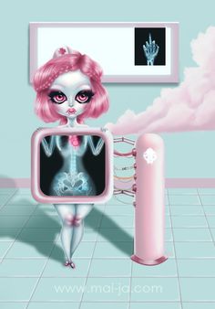 a digital painting of a woman holding a television screen in front of a pink smokestatch