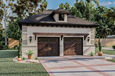 a two car garage is shown in this artist's rendering with palm trees around it