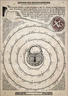 an old book with writing on it and a lock in the middle, surrounded by symbols