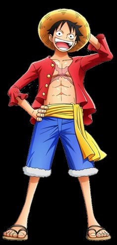 one piece is wearing blue shorts and a straw hat with his hands on his head