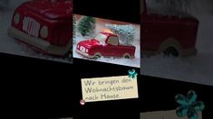 a red truck with a christmas tree in the back and a note attached to it