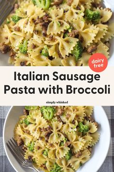 a white plate topped with pasta and broccoli