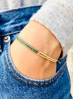 Miyuki Bracelet With Green White and Gold Beads Minimalist Beaded Adjustable Jewelry Dainty Double Strand Stackable Bracelet Under 15 - Etsy Tiny Bead Bracelet, Bracelet Miyuki, Miyuki Bracelet, Bead Loom Bracelets, Jewelry Dainty, Adjustable Jewelry, Bracelet Diy, Stackable Bracelets, Miyuki Beads