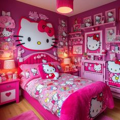 a hello kitty bedroom with pink walls and furniture, including a full size bed set