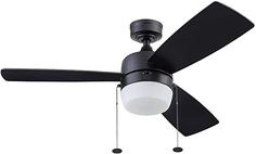 a black ceiling fan with a white light on the top and two blades attached to it