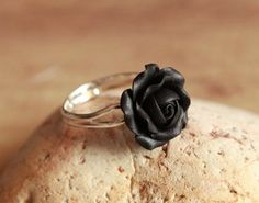 Black rose ring Silver base ring Polymer clay Black jewelry Handmade rose Floral jewelry Flower handmade Ring handmade Black Flower Shaped Ring For Gifts, Black Flower Shaped Rings For Gift, Elegant Black Flower Ring, Adjustable Black Flower Jewelry, Black Flower-shaped Rings For Gifts, Black Rose Jewelry, Chunky Silver Rose Ring, Pinterest Christmas Gifts, Black Rose Ring