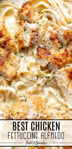 the best chicken fettuccine alfredo recipe is in a white dish with parmesan cheese