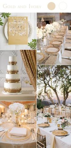 a collage of photos with gold and ivory wedding decor, table settings, and cake