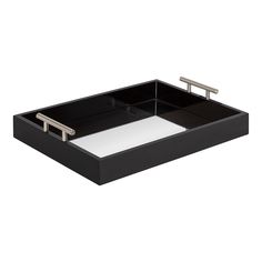 a black and white tray with two handles on the bottom, one is holding an empty card