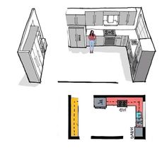 two drawings of the same kitchen in different positions