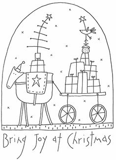 a black and white drawing of a horse pulling a wagon with presents on it in the snow