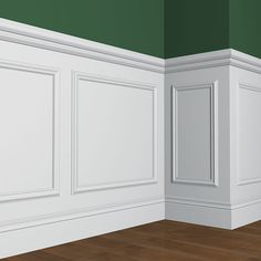 an empty room with green walls and white trim on the wall is shown in this 3d image