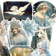 a collage of polar bears, snowflakes and princesses