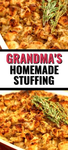 grandma's homemade stuffing in a casserole dish with rosemary sprigs